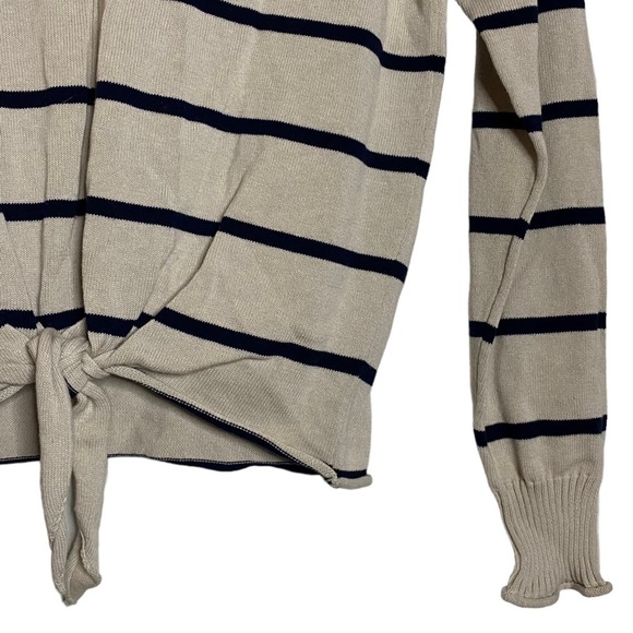 Chaser Long Sleeve Ribbed Beige Black Stripes  V-Neck Tie Front Sweater Small S - Picture 8 of 16